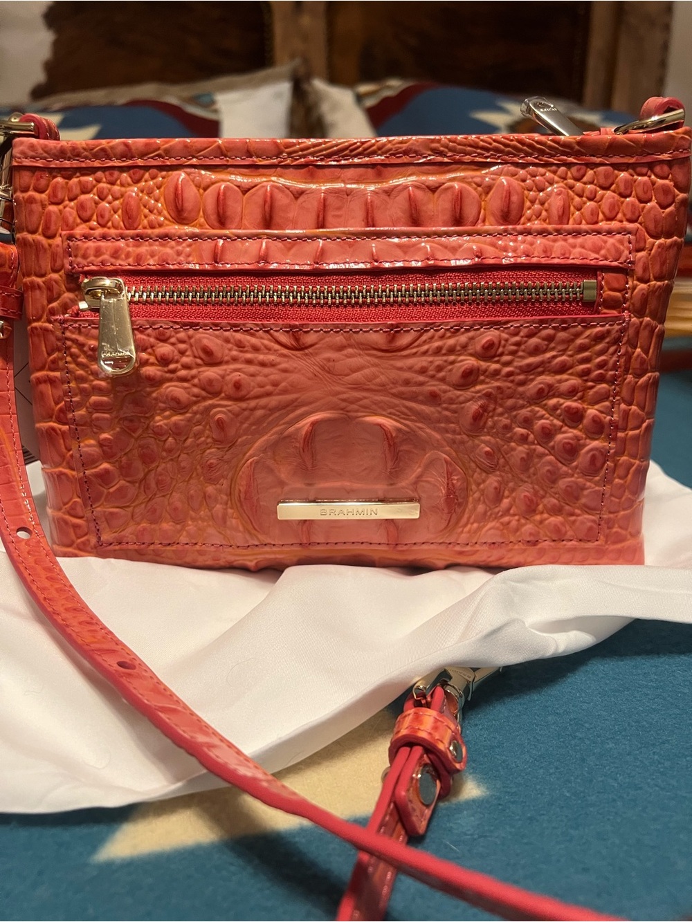 Brahmin Croc-Embossed Crossbody Bag in Coral Snapdragon